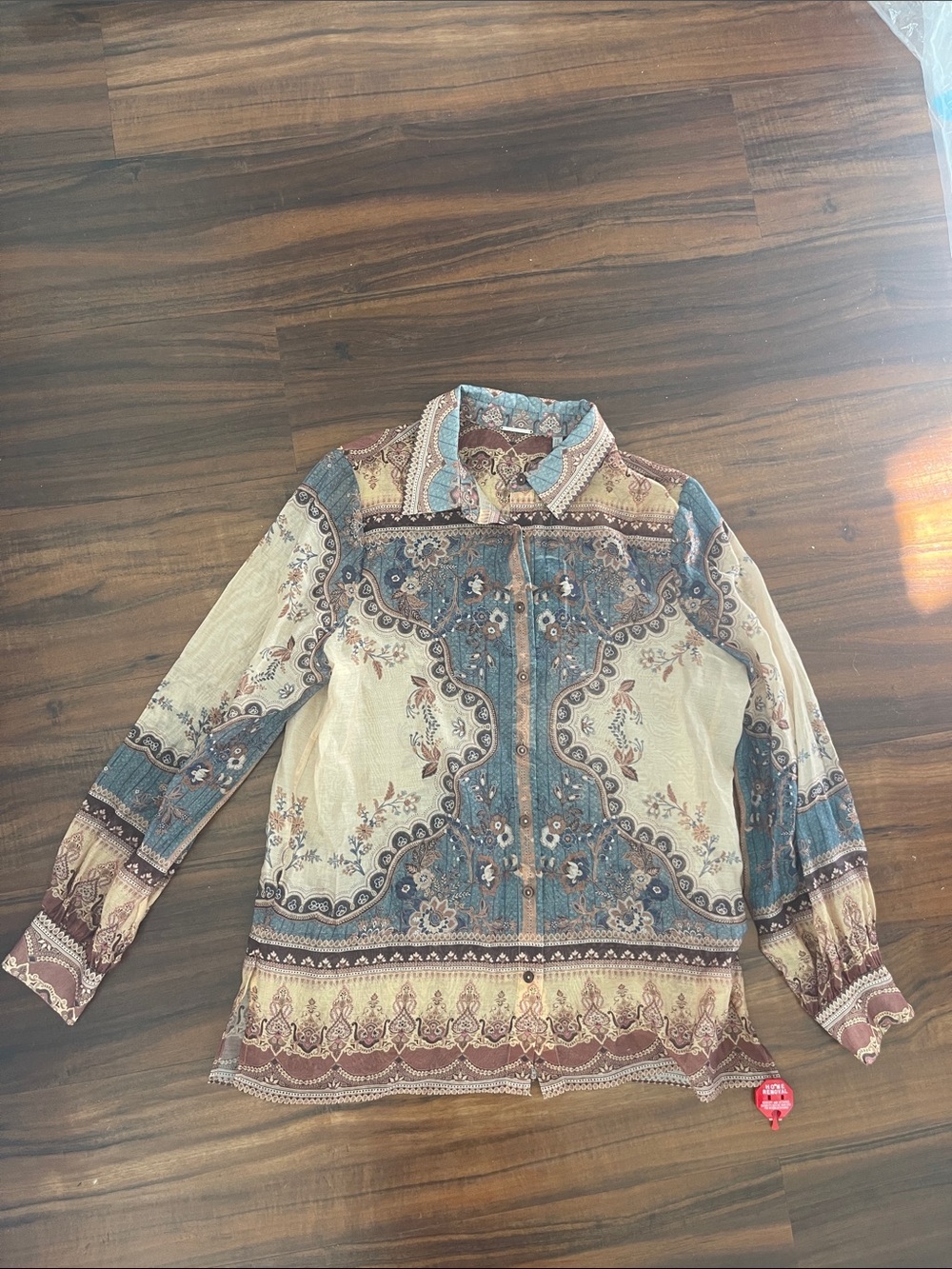 New Elie Tahari Teal, Cream & Brown Printed Button down Blouse Shirt - Picture 2 of 12